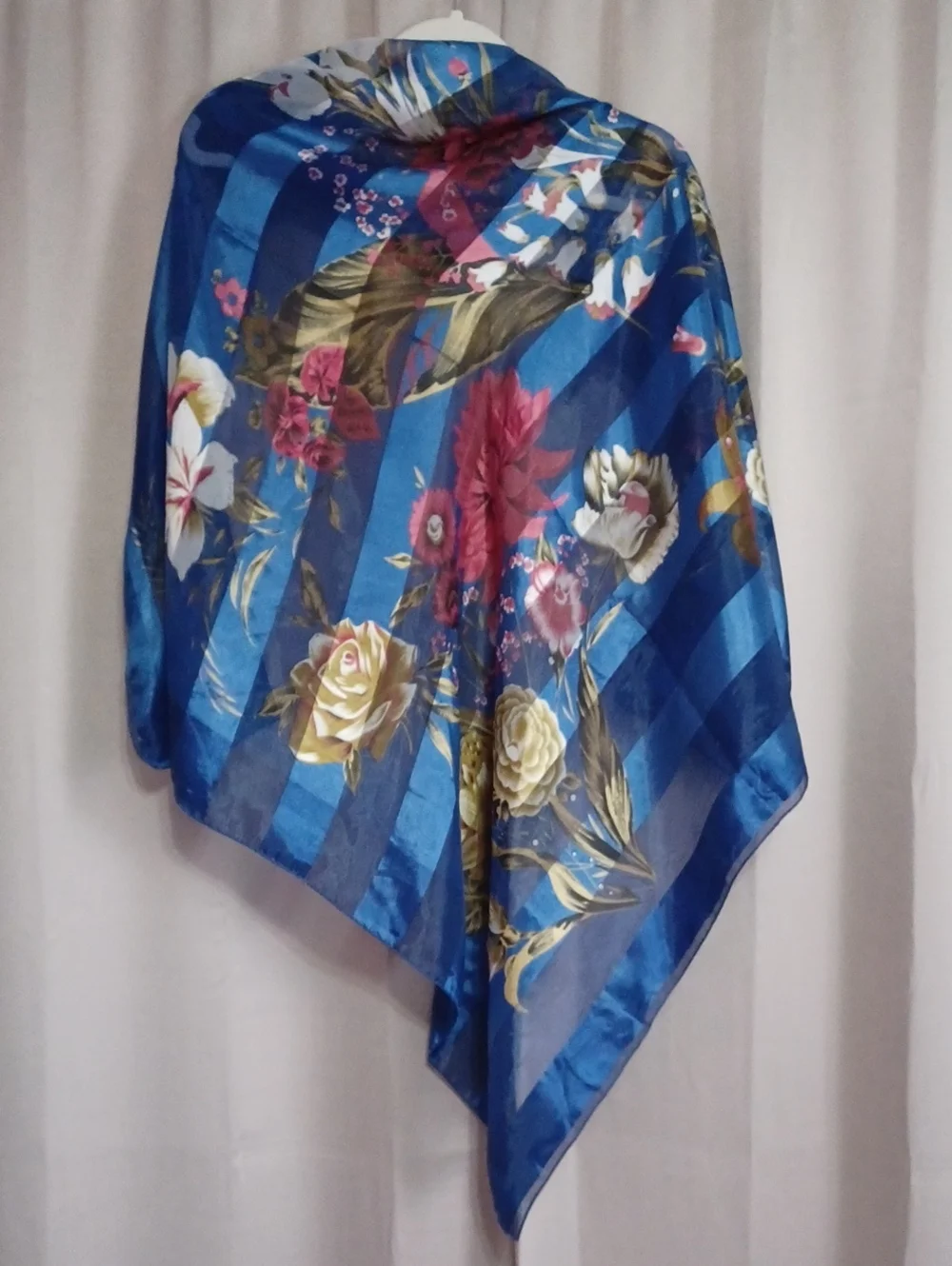 Vintage Floral Striped Square Scarf Blue Chiffon Satin 39×39 Grandma-Core
